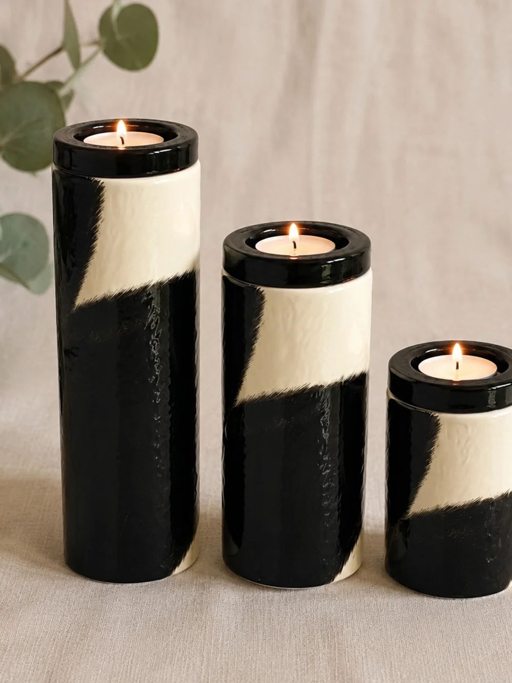 #6027 Retired Gold Canyon Cowhide Ceramic Pillar Candle Holders Set